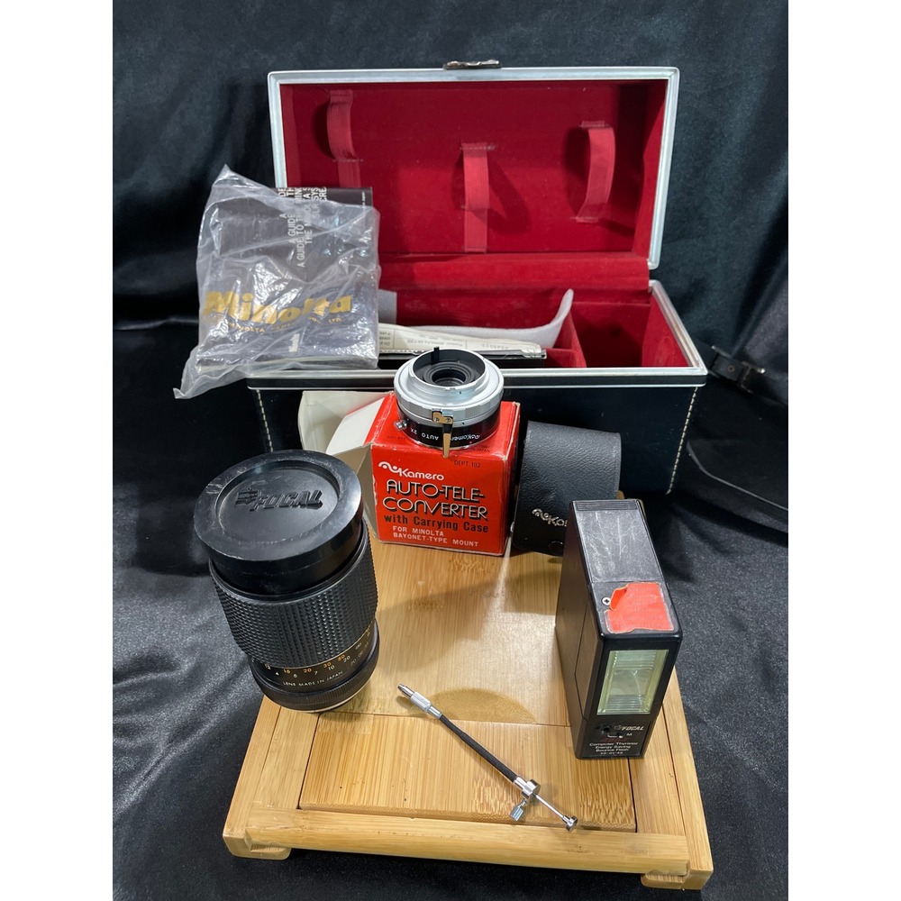 Vintage Focal 135mm f2.8 Lens Kamero 2X Teleconverter Minolta Mount Flash Case‎